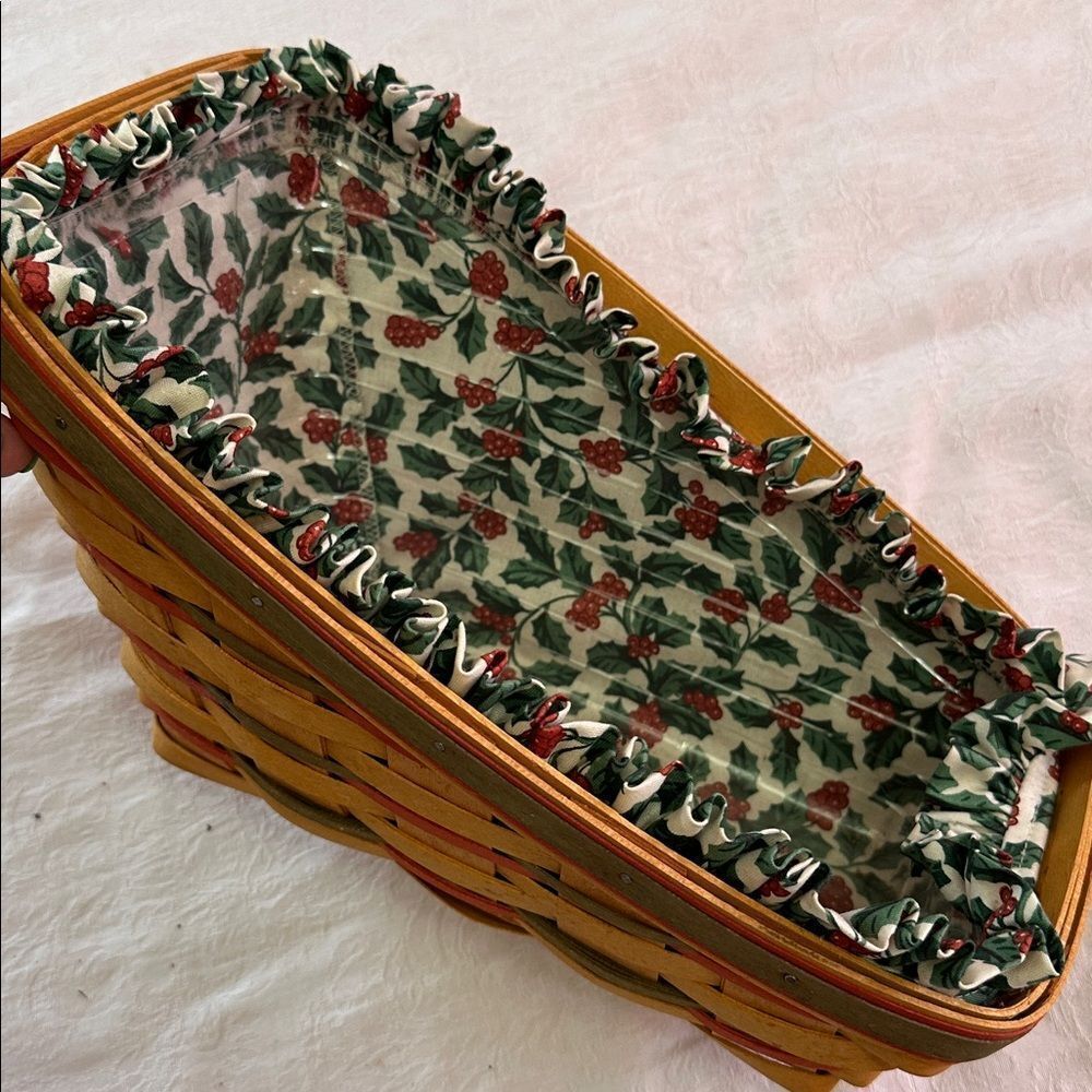 Longaberger Wooden Vegetable Basket Sleigh Shaped with Plastic and Fabric Liners